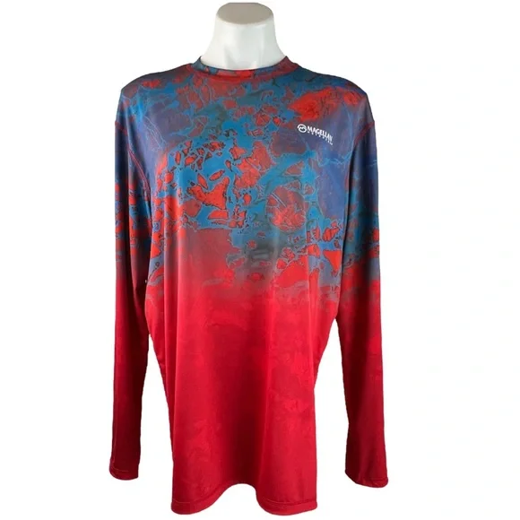 Magellan UV protection Long Sleeve Fishing Shirt M Red Blue Water UPF 50